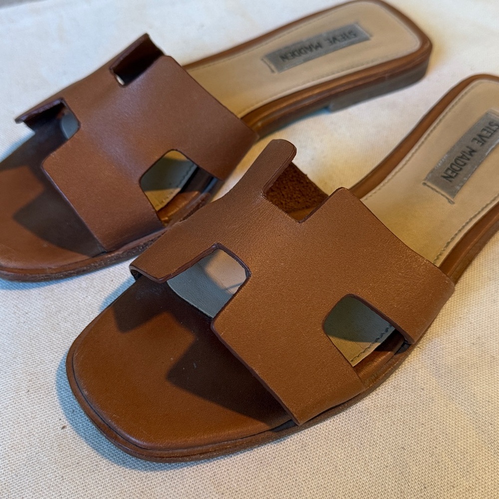 STEVE MADDEN “H” Slide Sandals in Cognac Brown Leather sz 7 - Picture 4 of 6